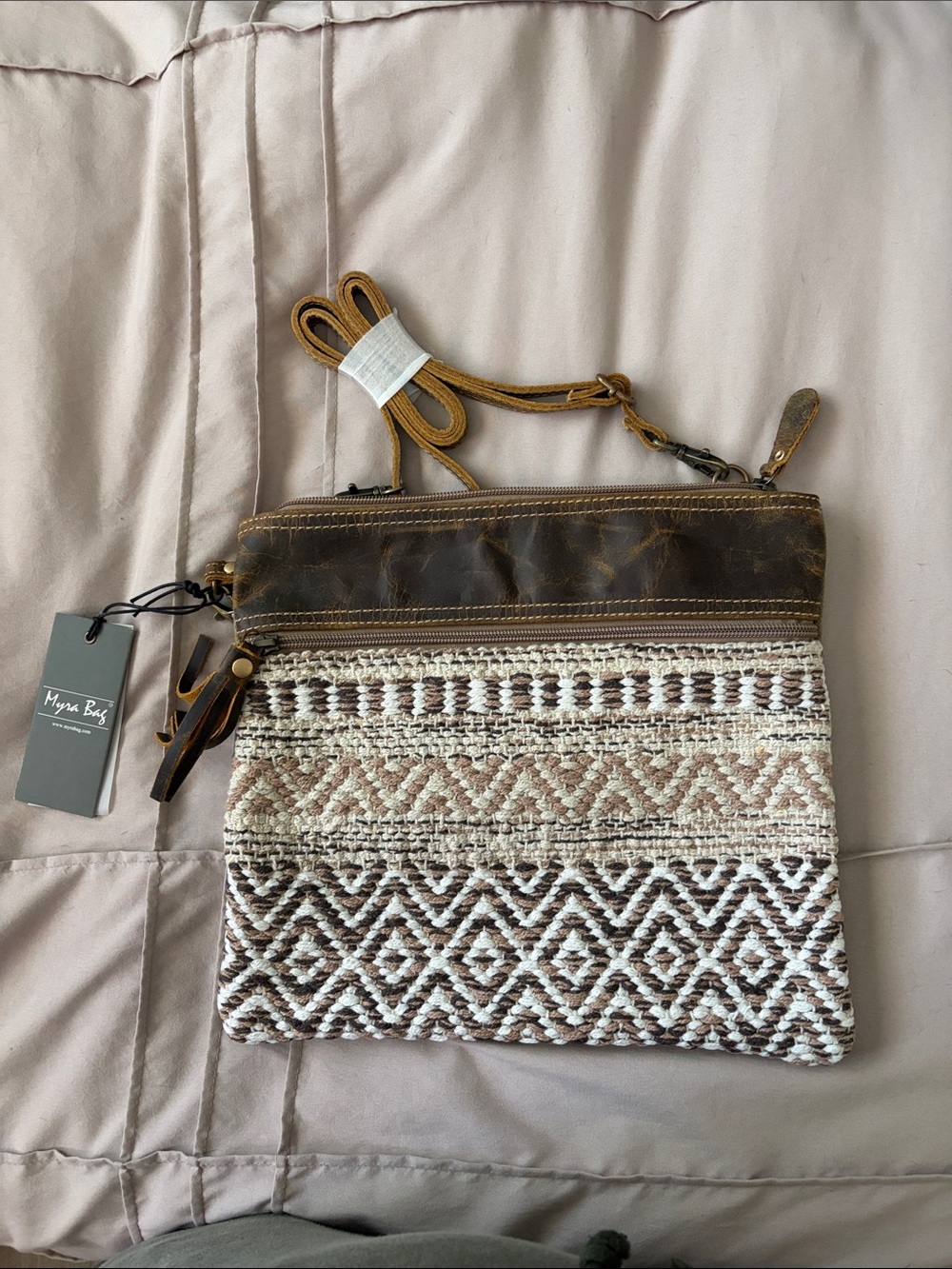 Myra Bag Woven Pattern Crossbody Bag in Brown & Cream